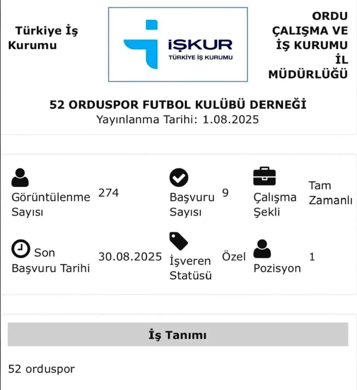 52 Orduspor'un İŞKUR Üzerinden Futbolcu İlanı Sosyal Medyada Gündem Oldu