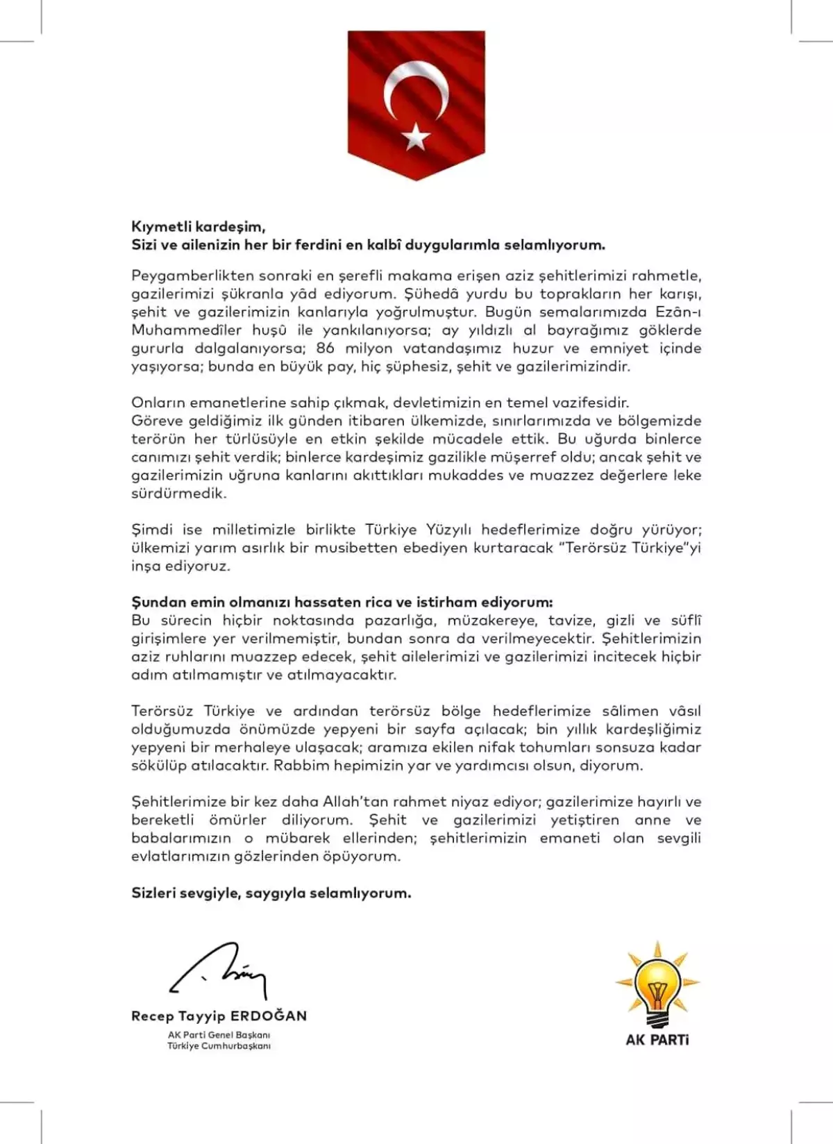 Erdoğan'dan Şehit ve Gazi Ailelerine Mektup