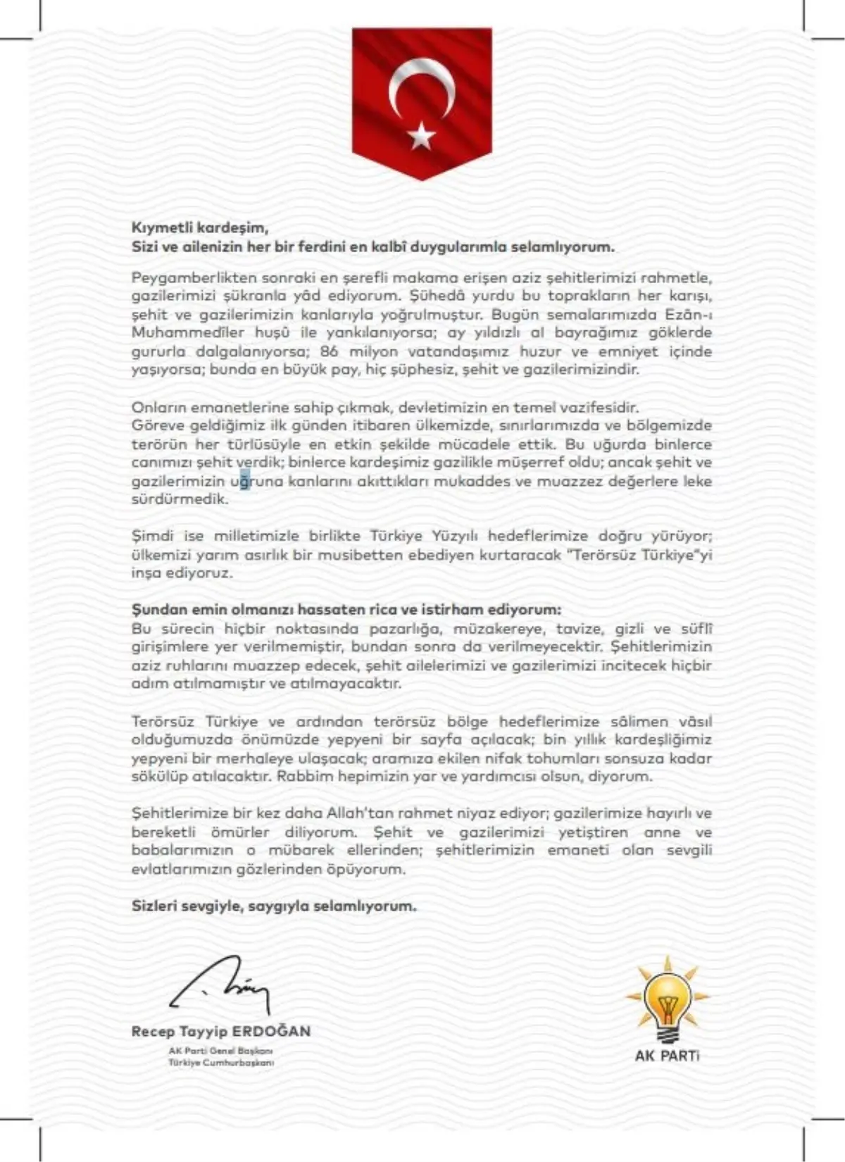 Cumhurbaşkanı Erdoğan'dan Şehit ve Gazi Ailelerine Mektup