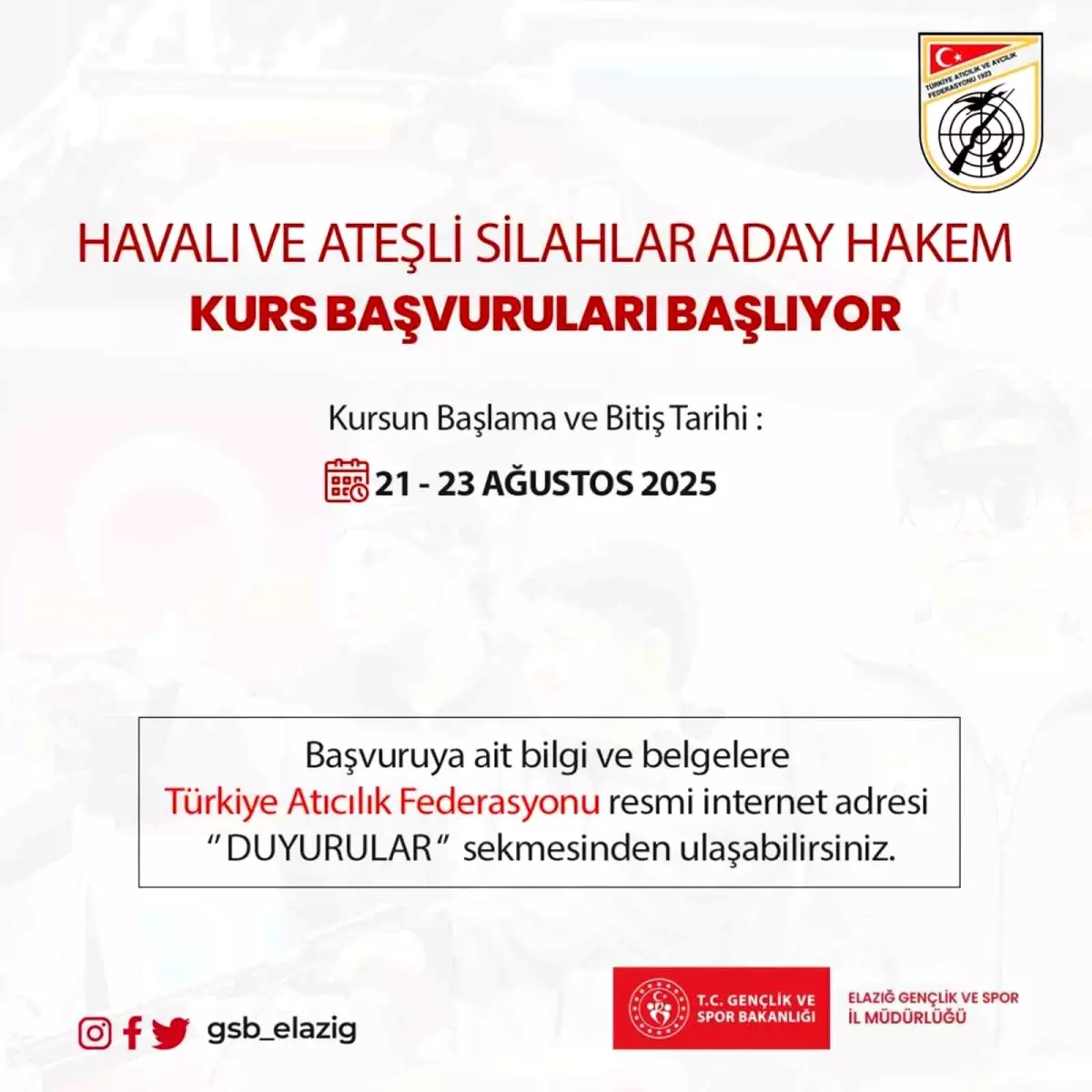 Elazığ'da Havalı ve Ateşli Silahlar Aday Hakem Kursu Düzenlenecek