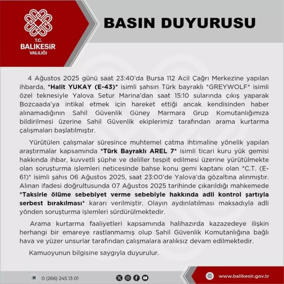 Balıkesir Valiliği'nden Halit Yukay'ın Arama Çalışmaları Hakkında Açıklama