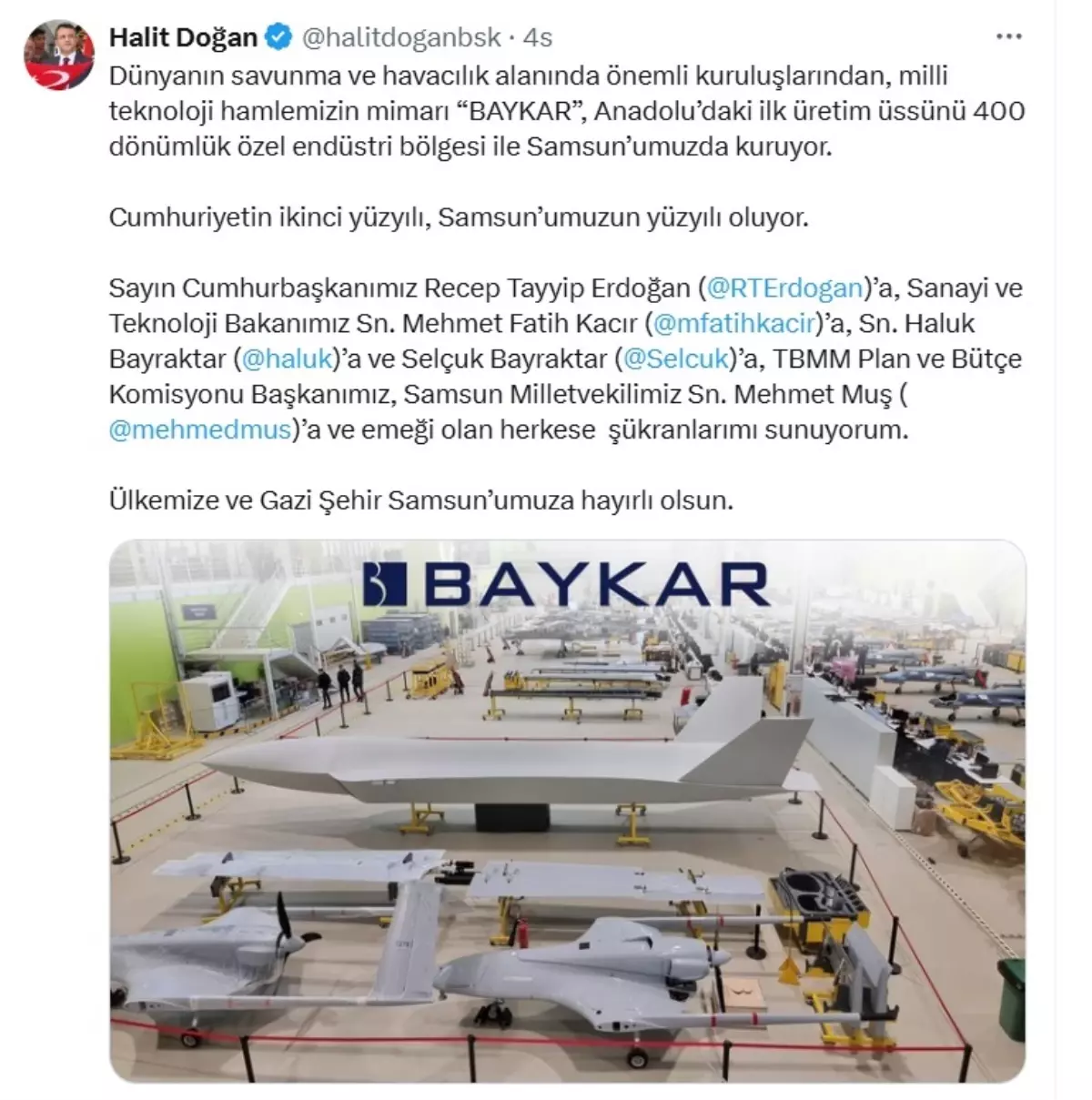 BAYKAR'ın Anadolu'daki İlk Üretim Üssü Samsun'a Kurulacak