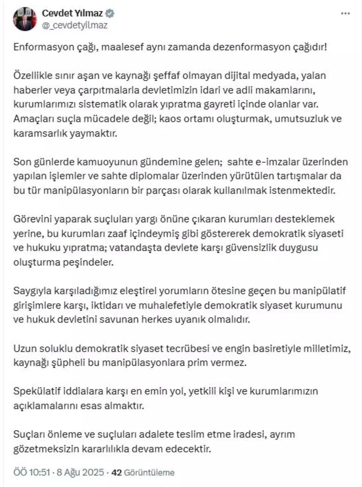 Cevdet Yılmaz'dan Sahte E-İmzalar ve Diplomalar Üzerine Açıklama