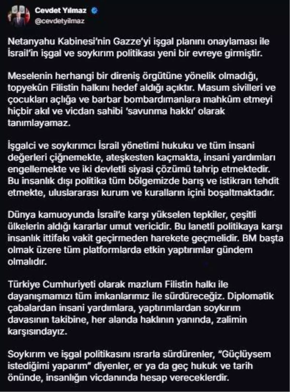 Cevdet Yılmaz: Filistin Halkıyla Dayanışma Vurgusu