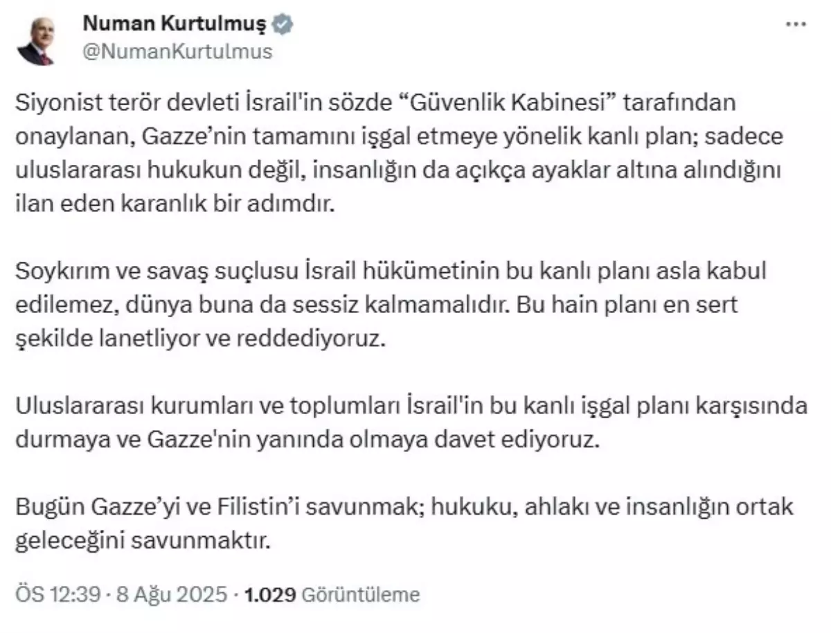 TBMM Başkanı Kurtulmuş'tan İsrail'in Gazze Planına Sert Tepki
