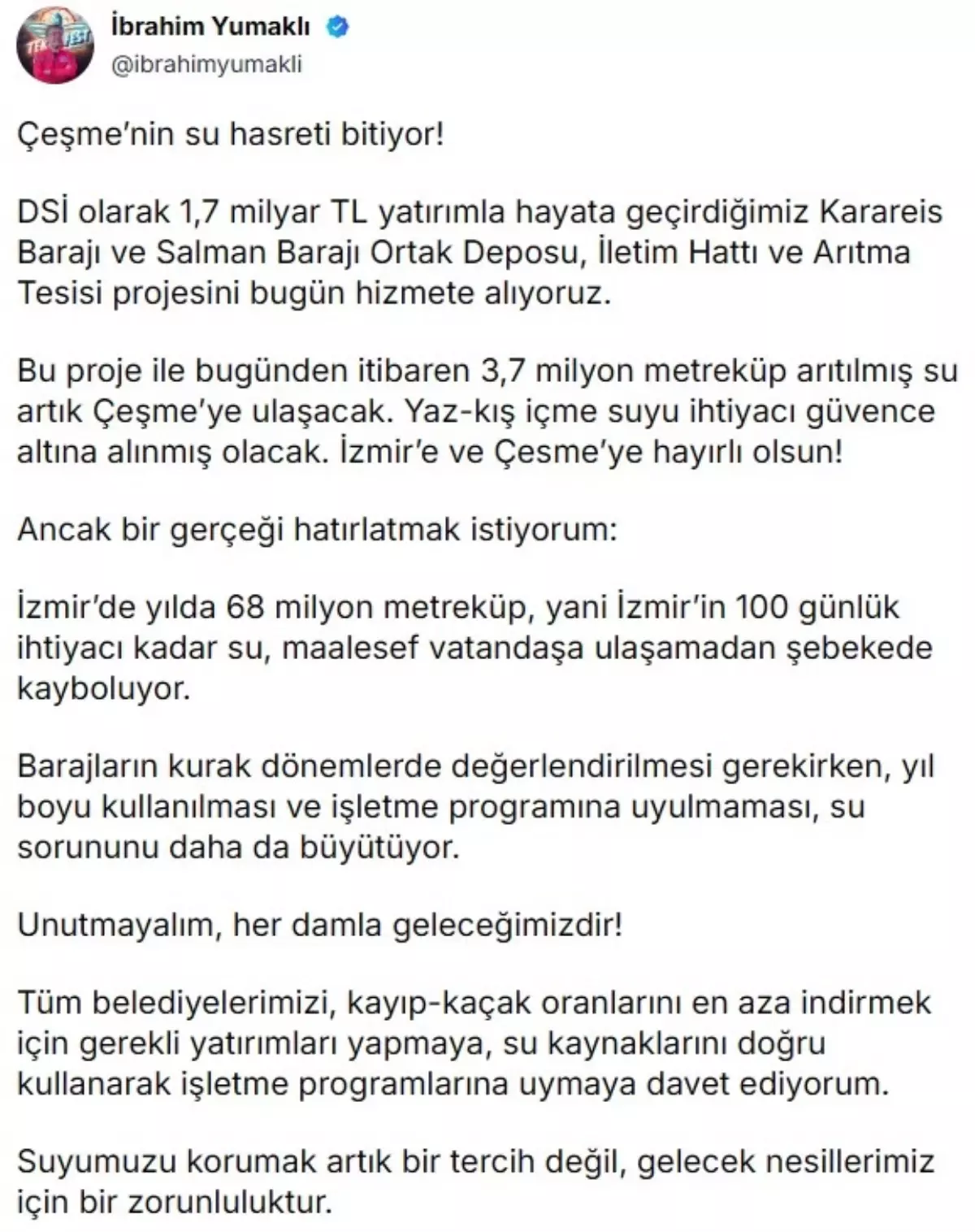 Çeşme'ye 3,7 milyon metreküp arıtılmış su ulaşıyor