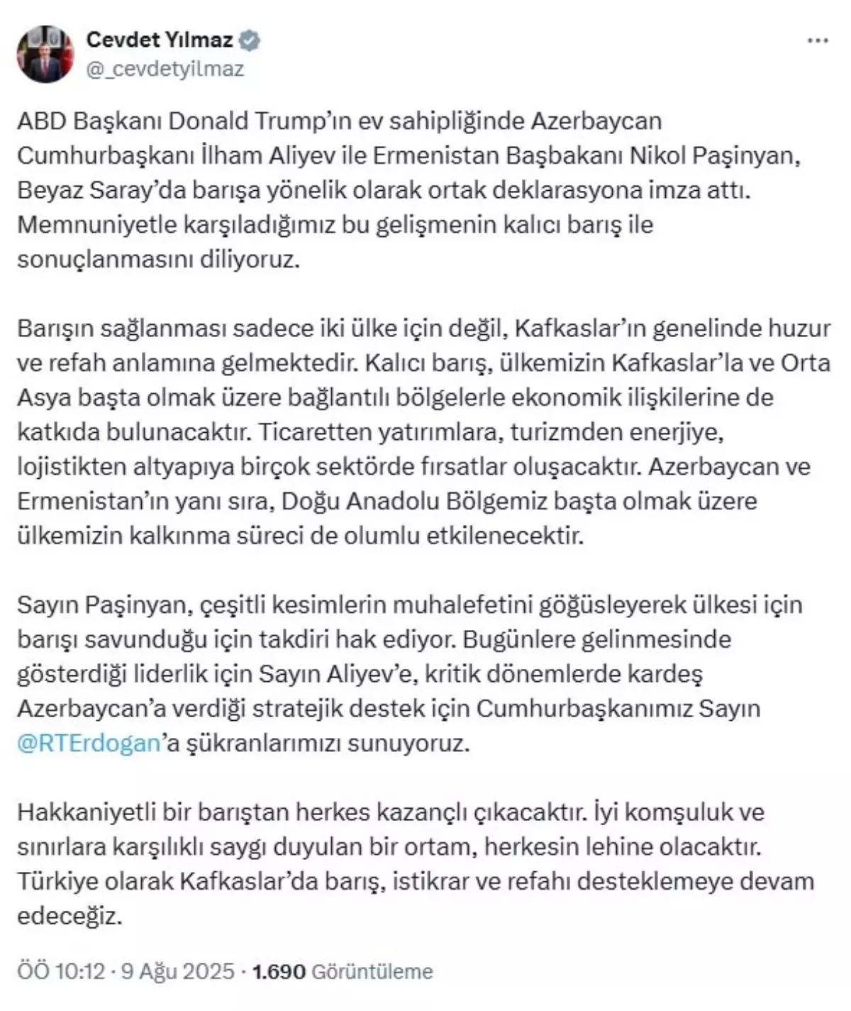 Cevdet Yılmaz'dan Azerbaycan ve Ermenistan'a Barış Mesajı