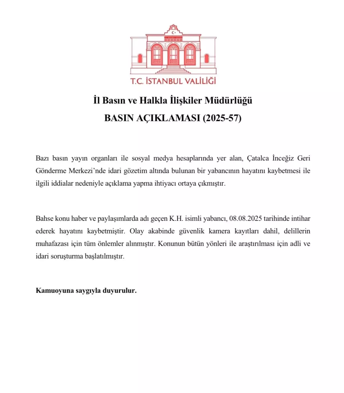 İstanbul Valiliği'nden Yabancı Ölüme İlişkin Açıklama
