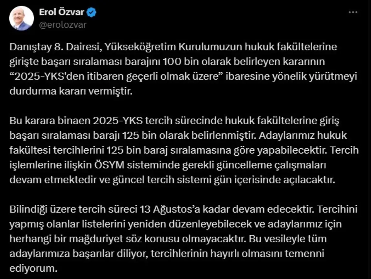 2025-YKS'de Hukuk Fakültelerine Giriş Barajı 125 Bin Olarak Belirlendi