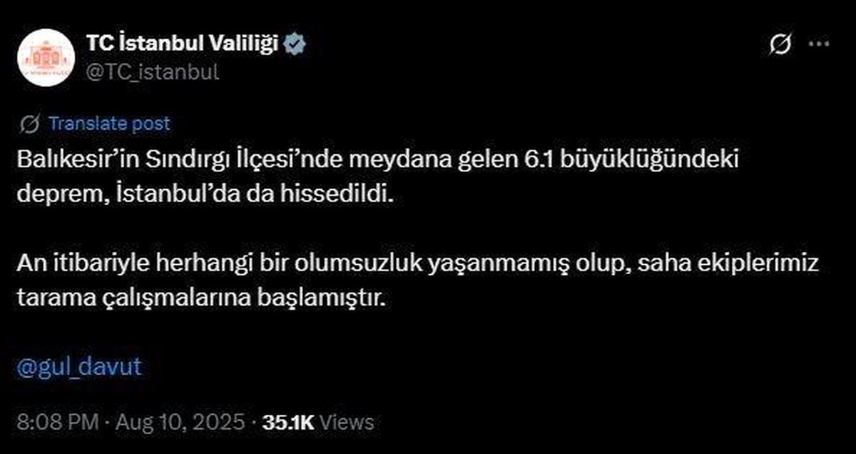 İstanbul Valiliği'nden Deprem Açıklaması: Olumsuzluk Yok