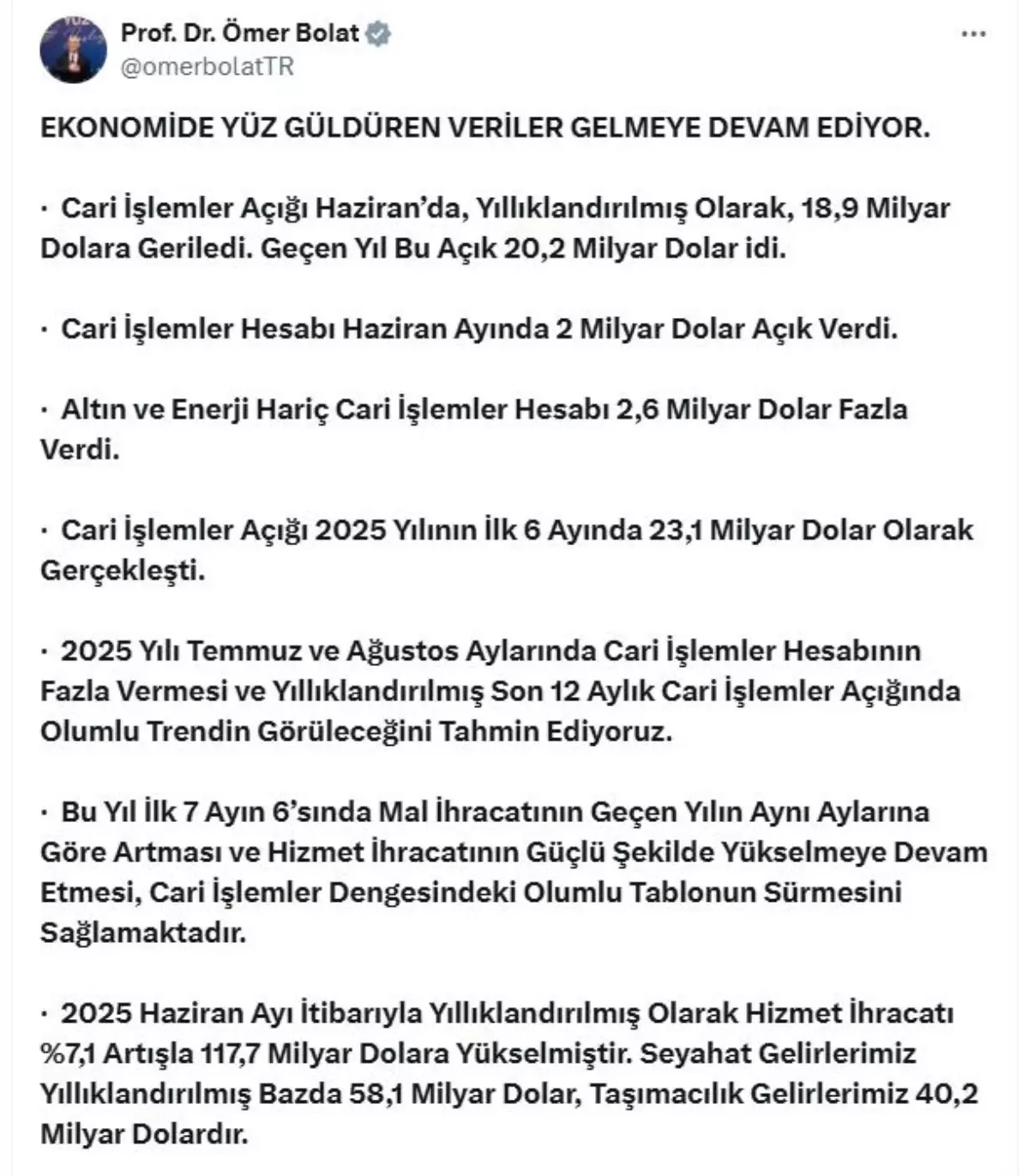 Cari İşlemler Hesabında Olumlu Trend Beklentisi