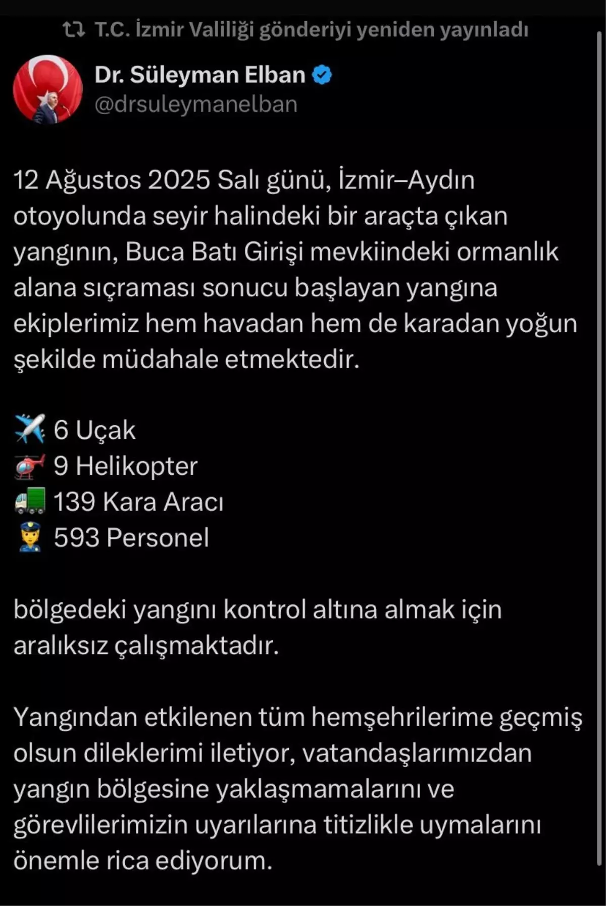 İzmir Valisi Elban'dan Orman Yangını Açıklaması