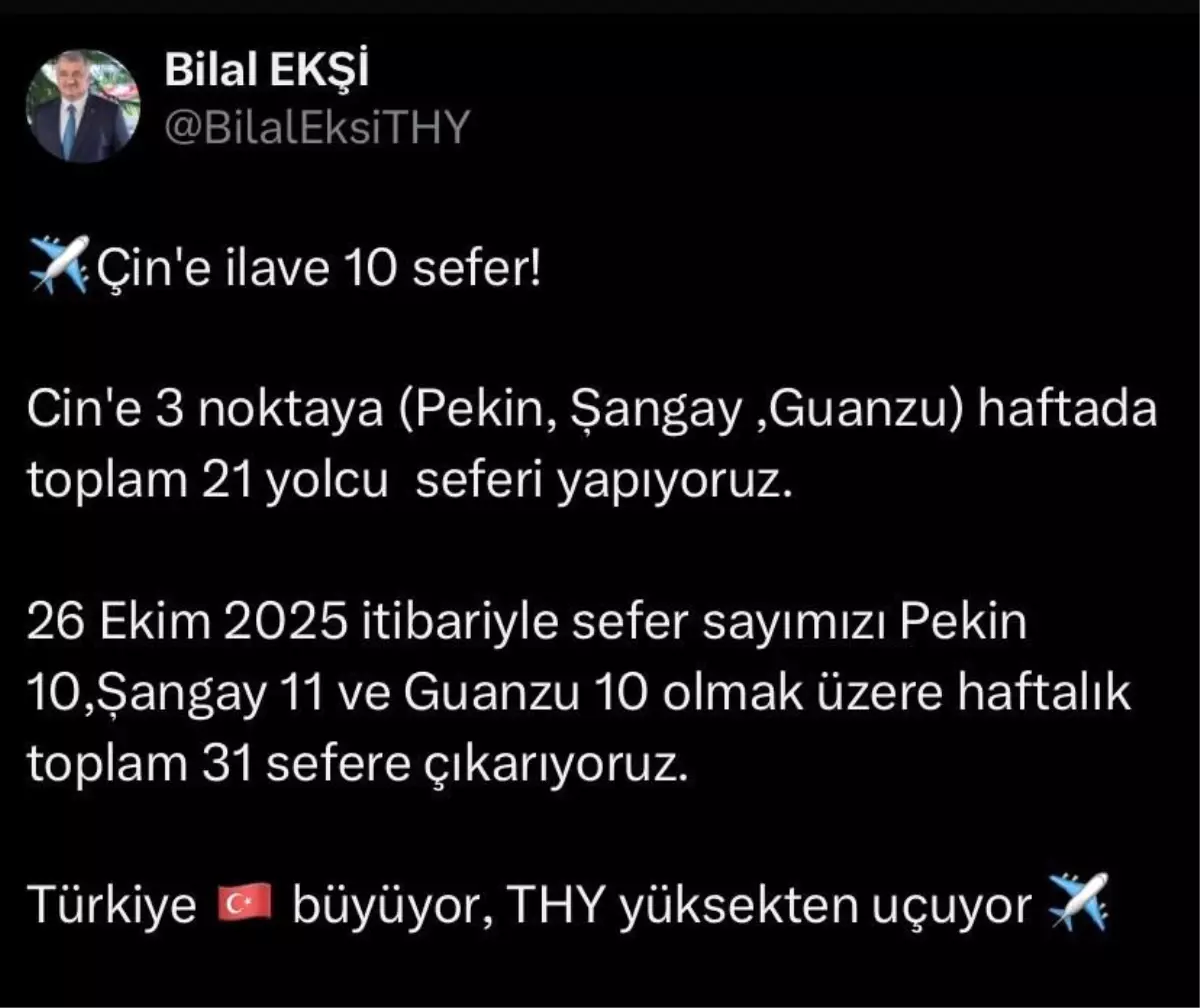 Türk Hava Yolları Çin Uçuşlarını Artırıyor