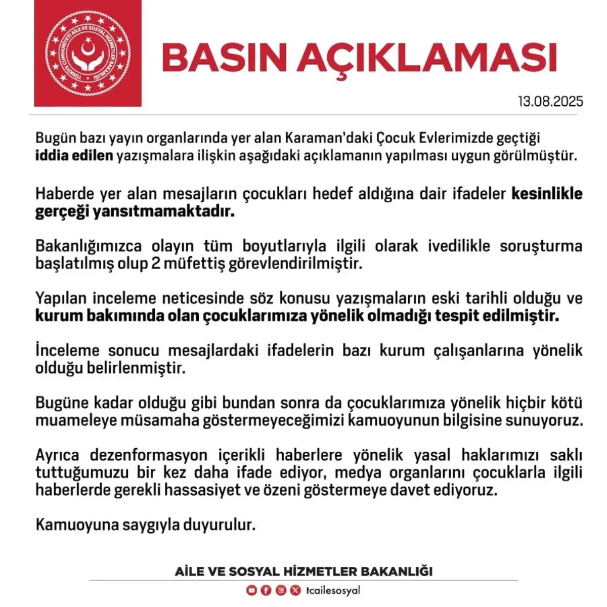 Bakanlık'tan Karaman'daki Çocuk Evleriyle İlgili Açıklama