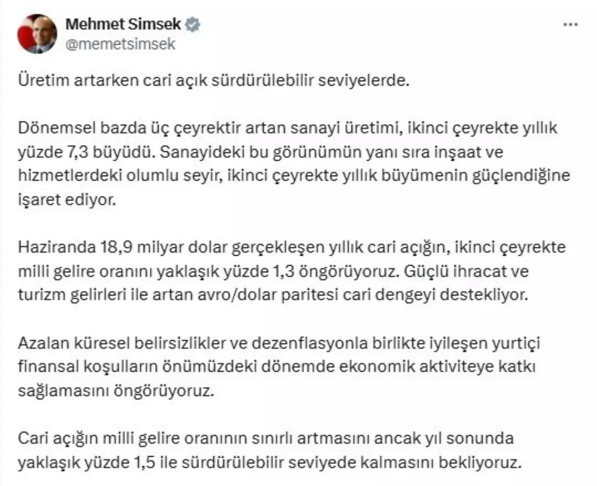 Bakan Şimşek: Cari Açık Yıl Sonunda Sürdürülebilir Seviyede Kalacak