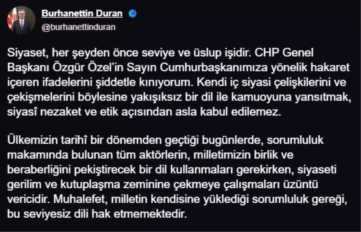İletişim Başkanı Duran'dan Özgür Özel'e Tepki