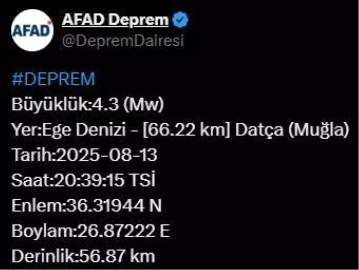 Muğla'da 4.3 Büyüklüğünde Deprem