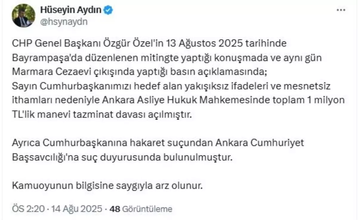 Cumhurbaşkanı Erdoğan, CHP Lideri Özgür Özel'e 1 Milyon TL'lik Tazminat Davası Açtı