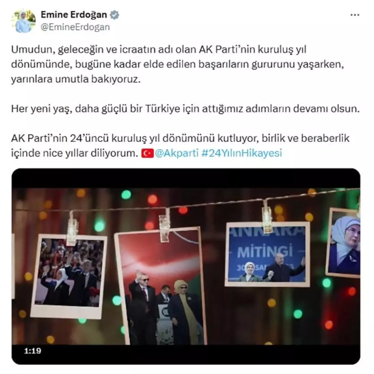 Emine Erdoğan'dan AK Parti'nin 24. kuruluş yıl dönümüne ilişkin paylaşım