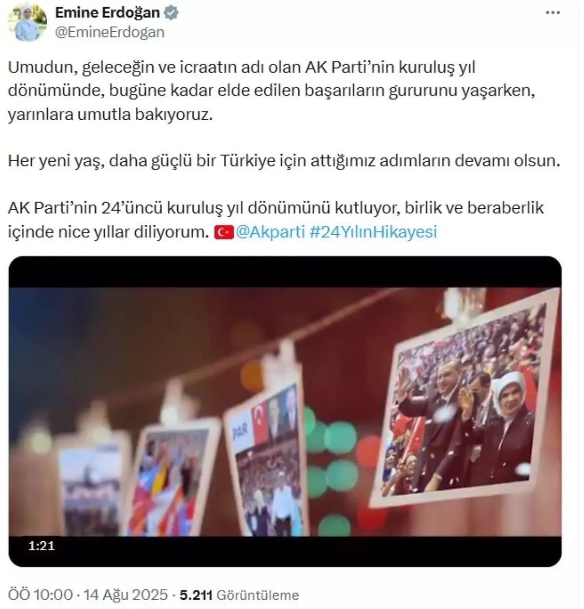 Emine Erdoğan'dan AK Parti'nin 24. Kuruluş Yıl Dönümü Paylaşımı
