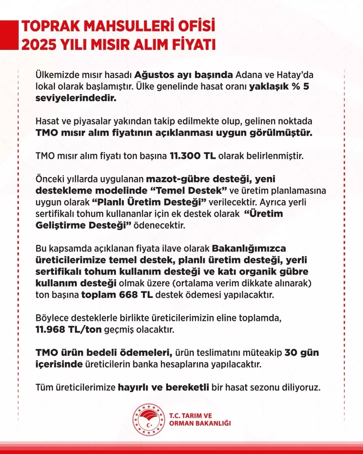 2025 Yılı Mısır Alım Fiyatı Belirlendi: Ton Başına 11 Bin 300 TL