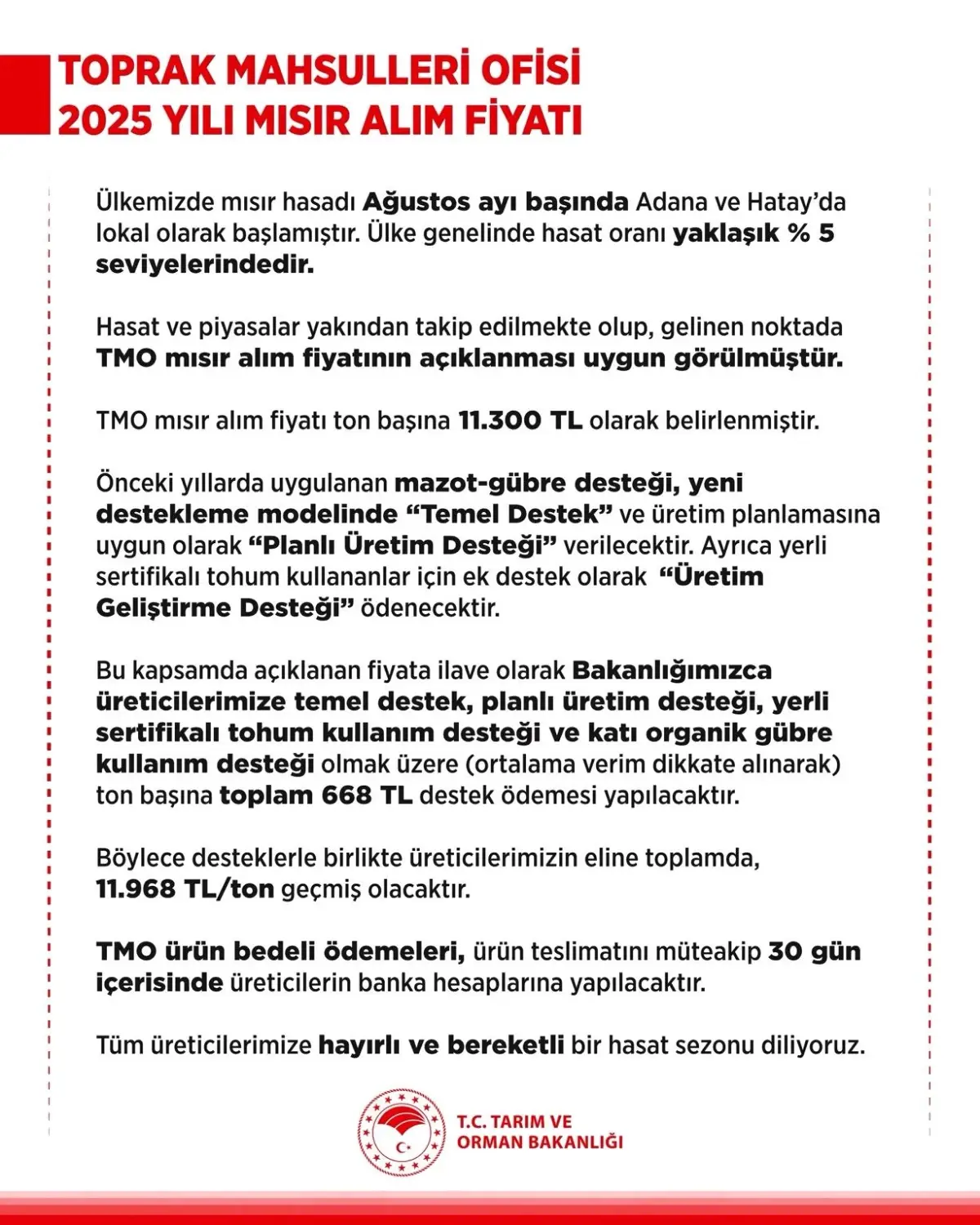 2025 Yılı Mısır Alım Fiyatı Açıklandı: Ton Başına 11 Bin 300 Lira