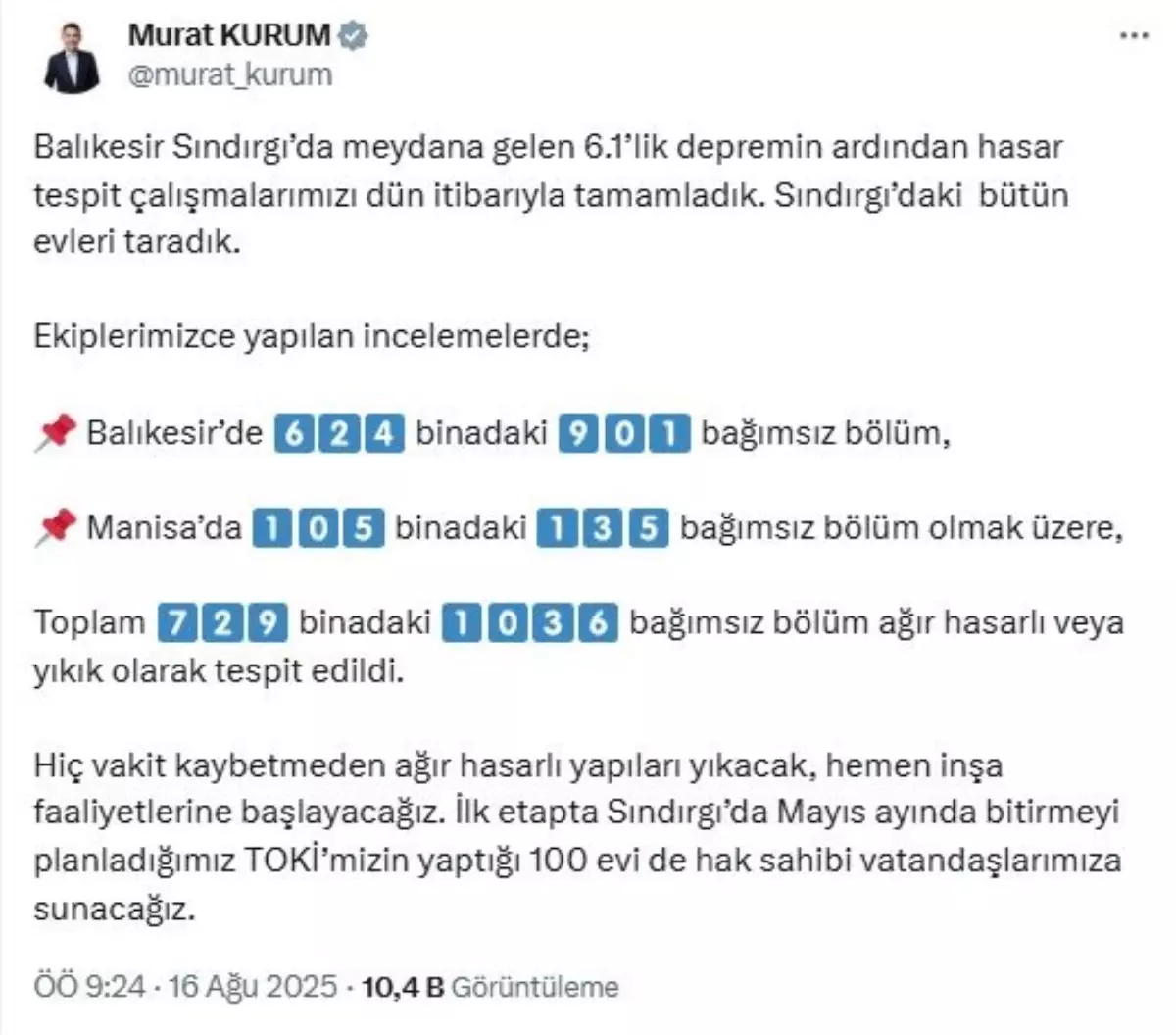 Balıkesir Sındırgı'daki Depremde Hasar Tespit Çalışmaları Tamamlandı