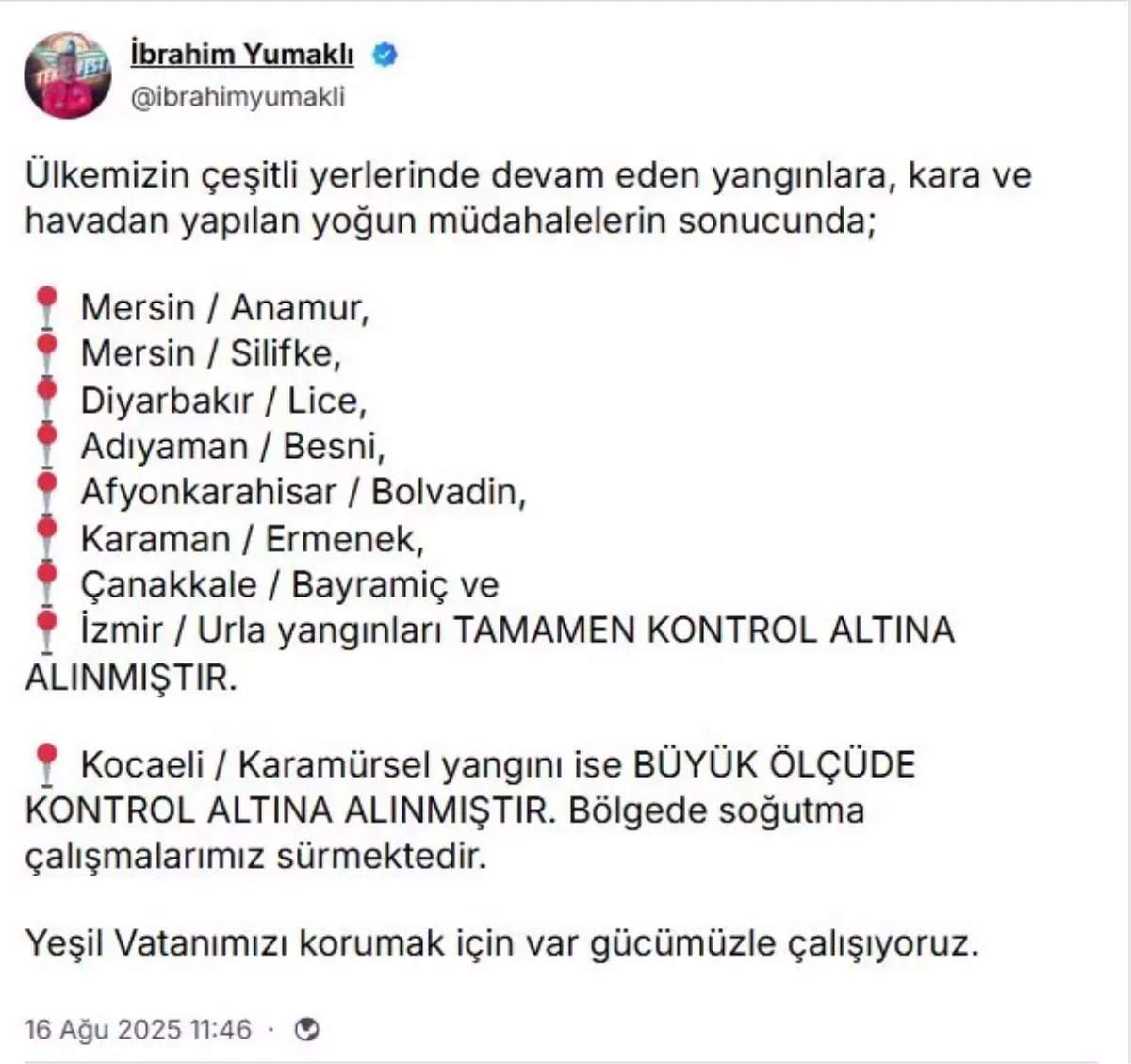 7 İl'deki Yangınlar Kontrol Altına Alındı