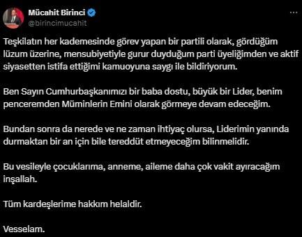 Mücahit Birinci, who was disciplined in the AK Party, announced that he resigned from his party