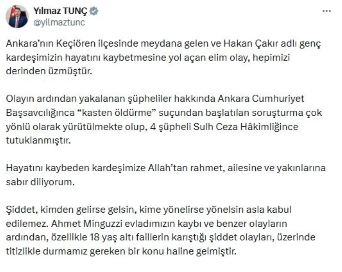Adalet Bakanı Tunç'tan 18 Yaş Altı Şiddet Olaylarına Yönelik Yeni Düzenleme Müjdesi