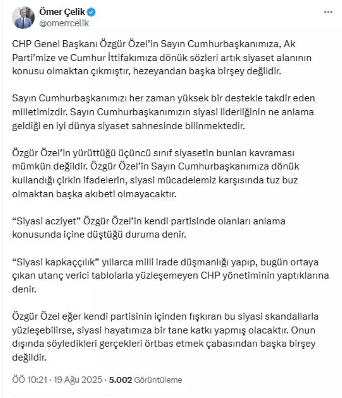 AK Parti Sözcüsü Çelik: Özgür Özel'in sözleri siyaset alanının konusu olmaktan çıktı