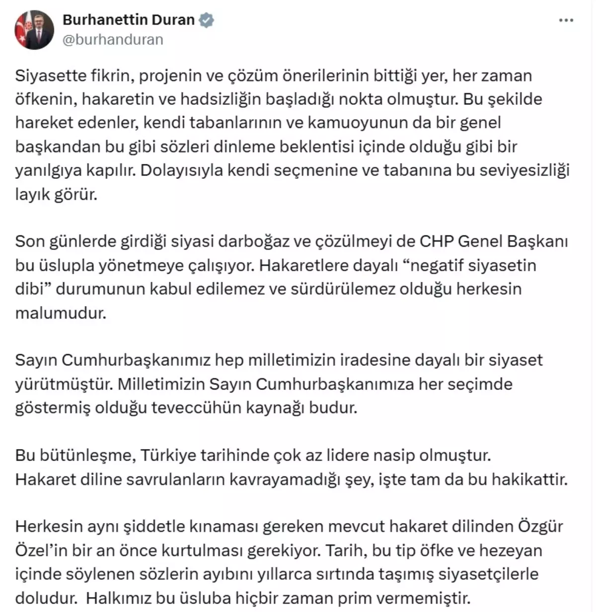 İletişim Başkanı Duran'dan Özgür Özel'e Sert Eleştiri