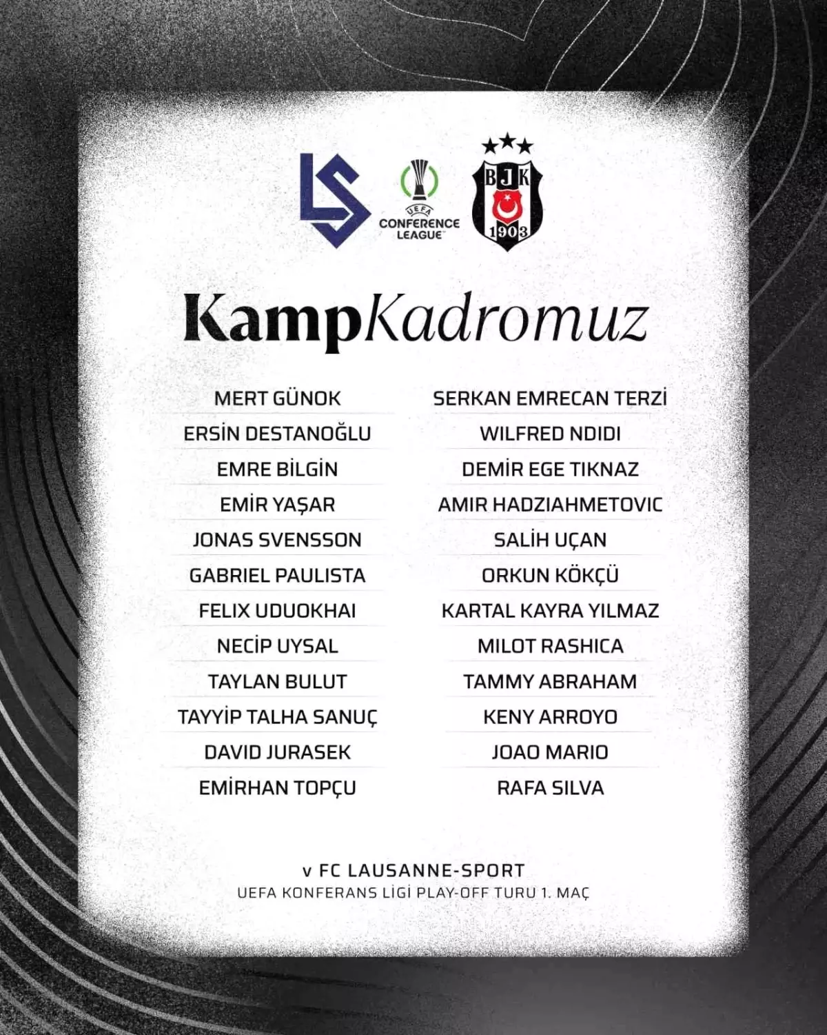 Beşiktaş'ın Lausanne Maçı Kadrosu Belli Oldu
