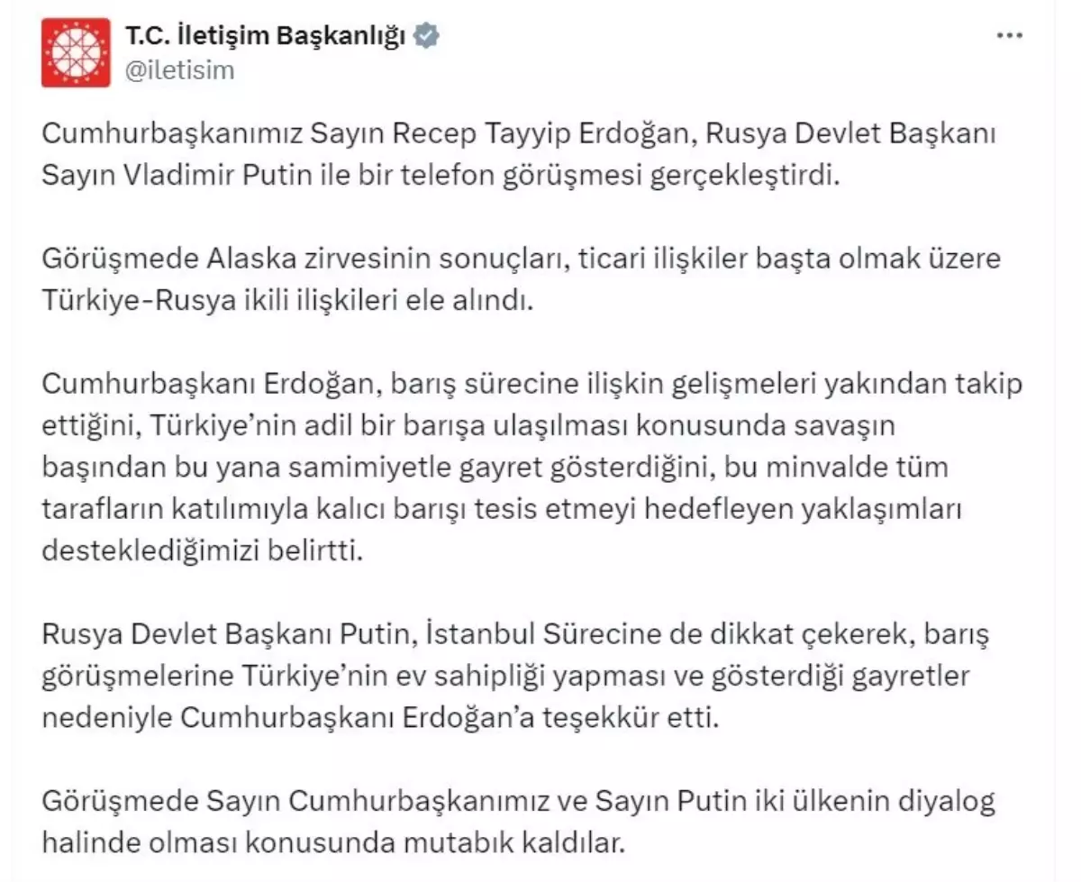 Erdoğan-Putin görüşmesi: Alaska zirvesi ve Türkiye-Rusya ilişkileri ele alındı