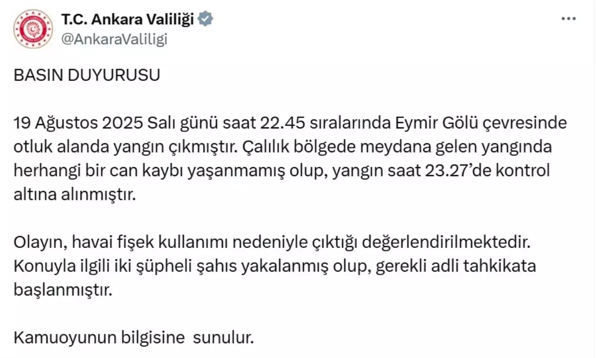 Eymir Gölü'ndeki Yangın Havai Fişek Sebebiyle Çıktı