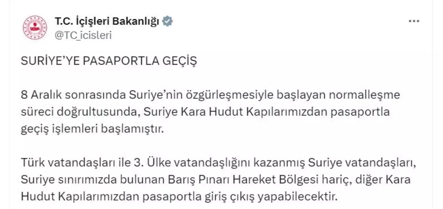 Suriye'ye Pasaportla Geçiş İşlemleri Başladı