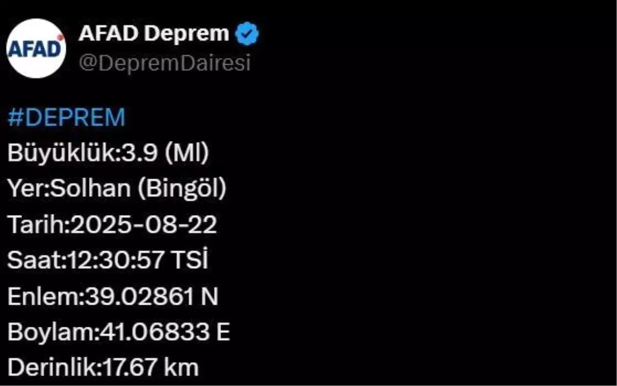 Bingöl'ün Solhan ilçesinde 3.9 büyüklüğünde deprem