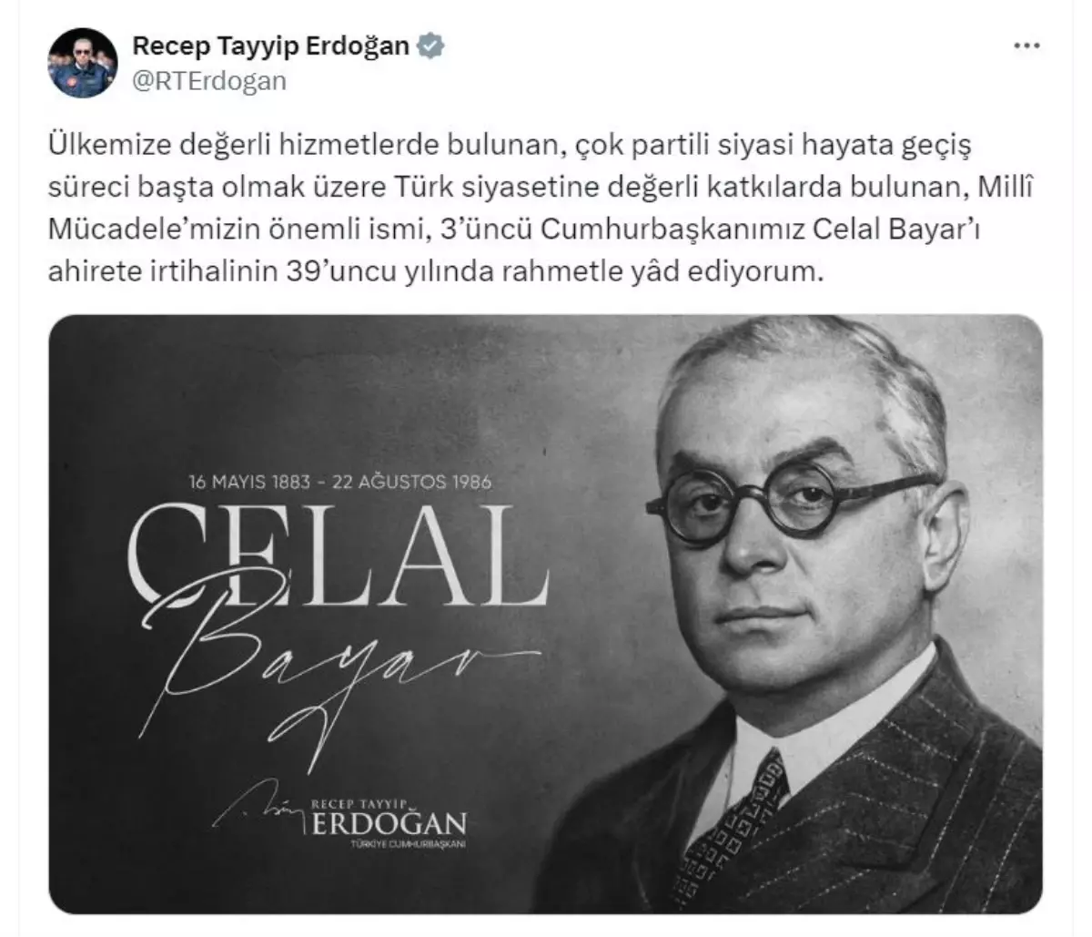 Cumhurbaşkanı Erdoğan, Celal Bayar'ı Ölüm Yıl Dönümünde Andı