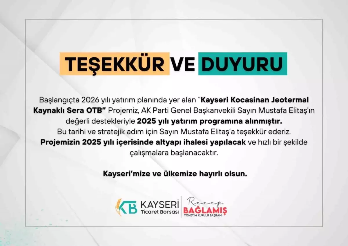 Kayseri Jeotermal Kaynaklı Sera Projesi 2025 Yatırım Programına Alındı