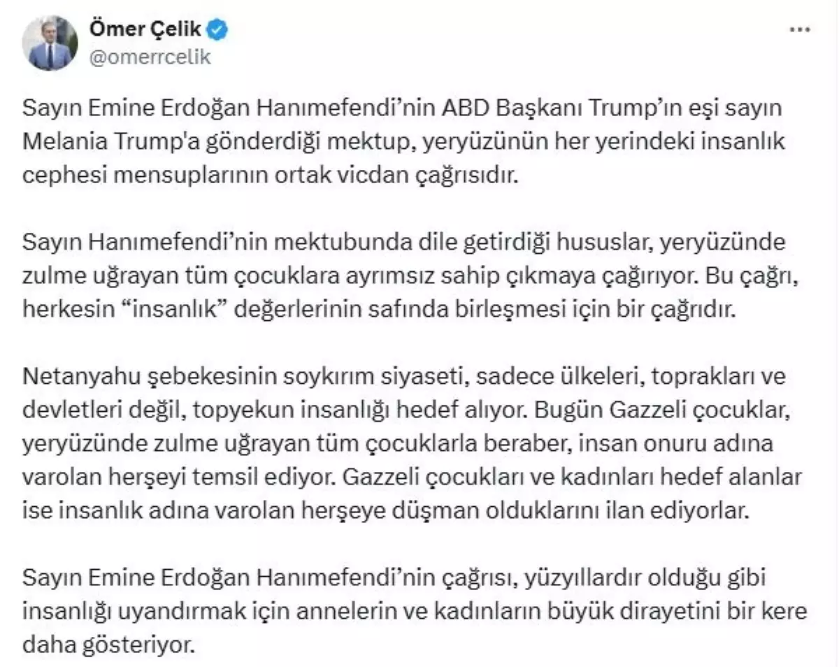 Emine Erdoğan'ın Melania Trump'a Mektubu İnsanlık Cephesi İçin Bir Çağrı