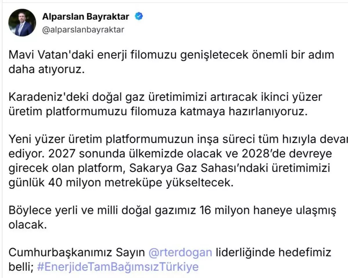 Karadeniz'de yeni üretim platformu devreye alınacak