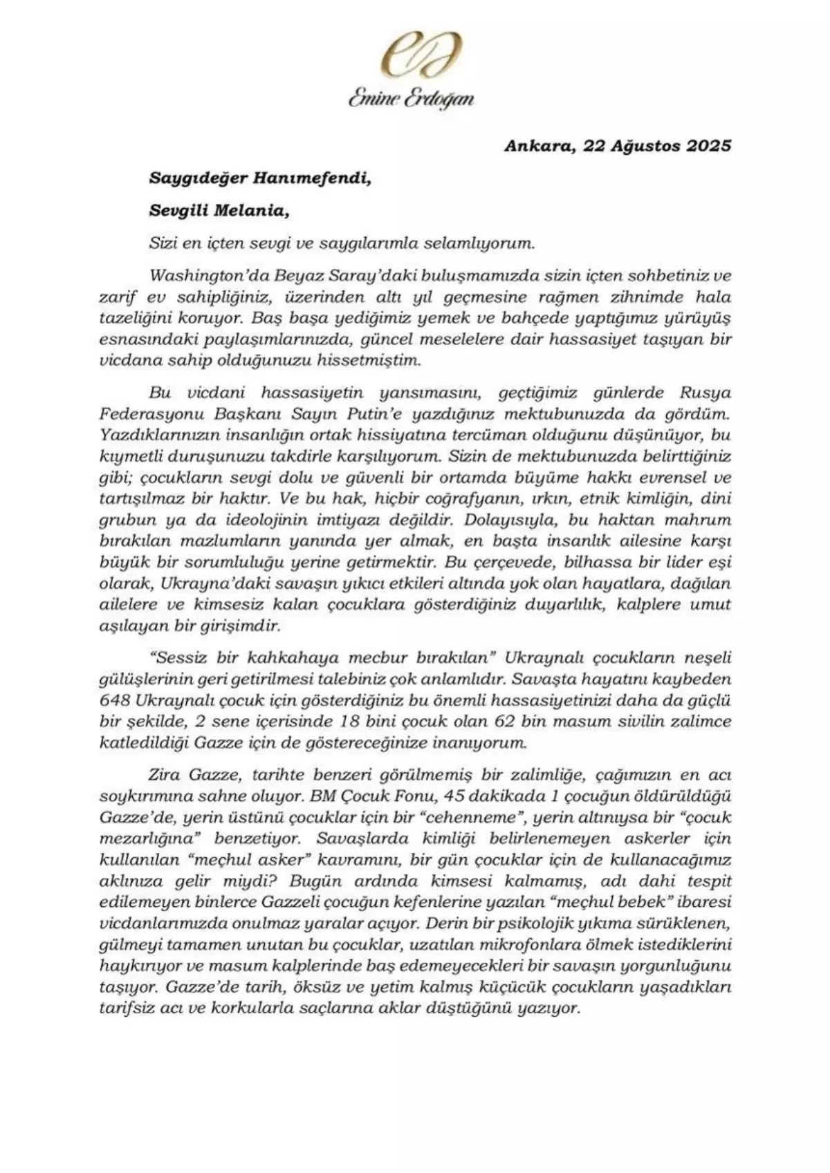 Emine Erdoğan'dan Melania Trump'a 'Gazze' mektubu