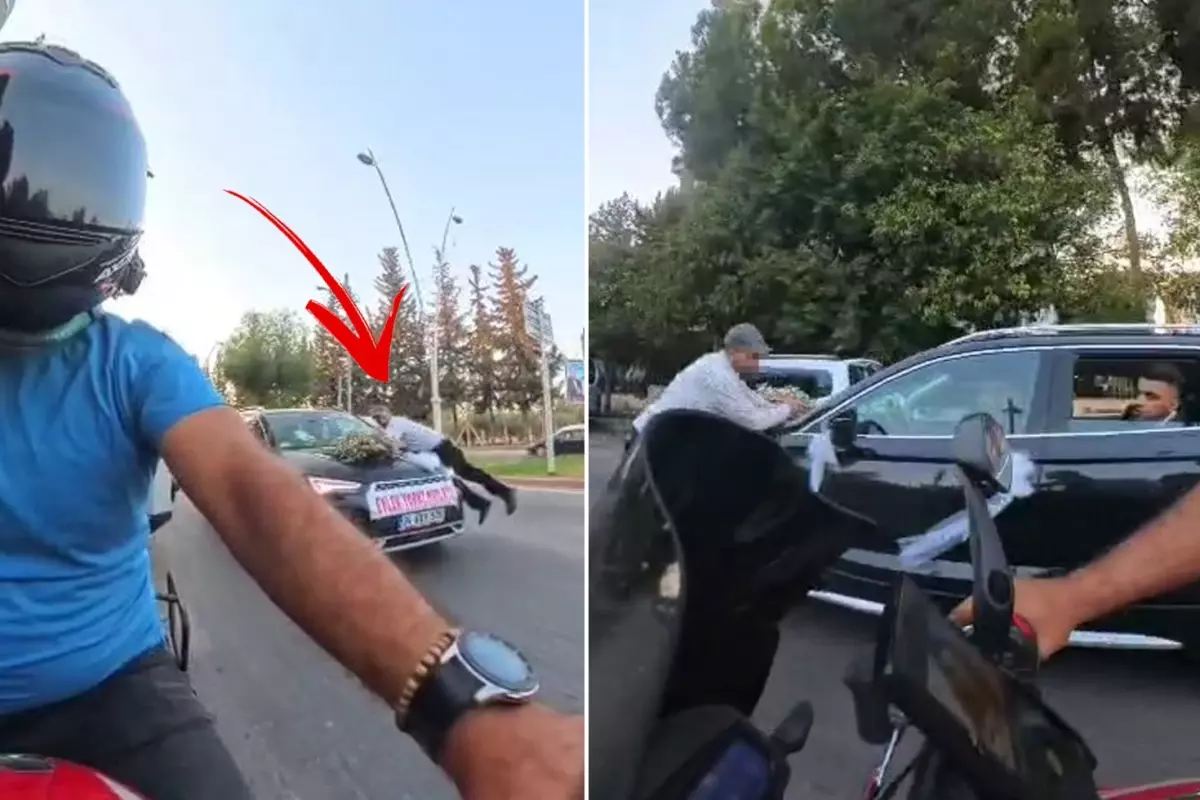 Gelin arabasından bahşiş alabilmek için kaputa atladı