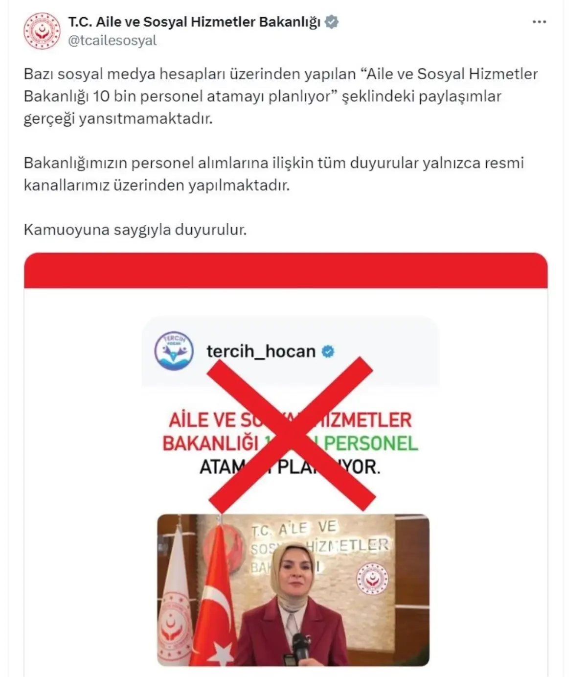 Aile ve Sosyal Hizmetler Bakanlığı'ndan Personel Atama İddialarına Yalanlama