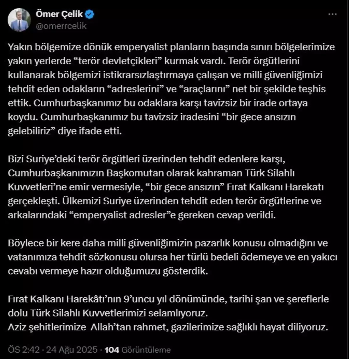 Fırat Kalkanı Harekatı'nın 9. Yıl Dönümü Kutlandı