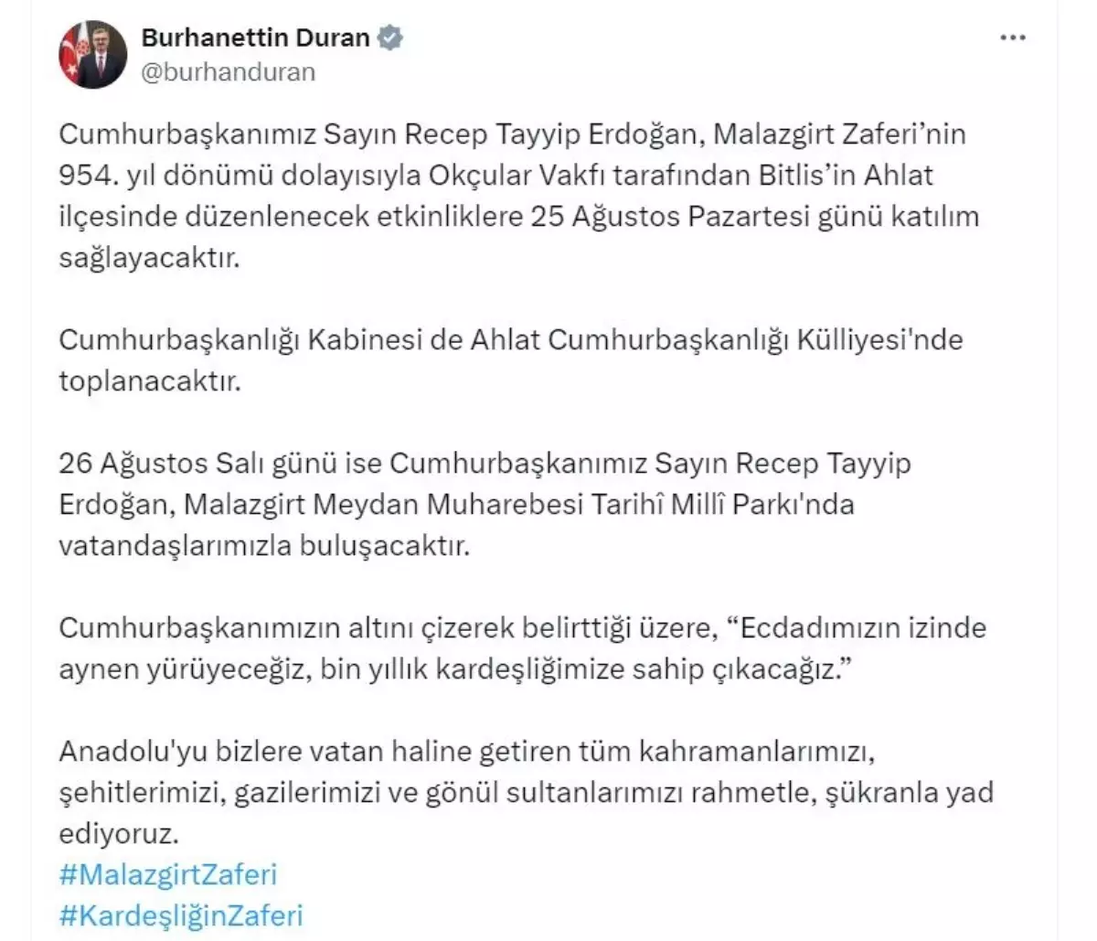 Cumhurbaşkanı Erdoğan Malazgirt Zaferi'nin 954. Yıl Dönümünde Ahlat'ta Etkinliklere Katılacak