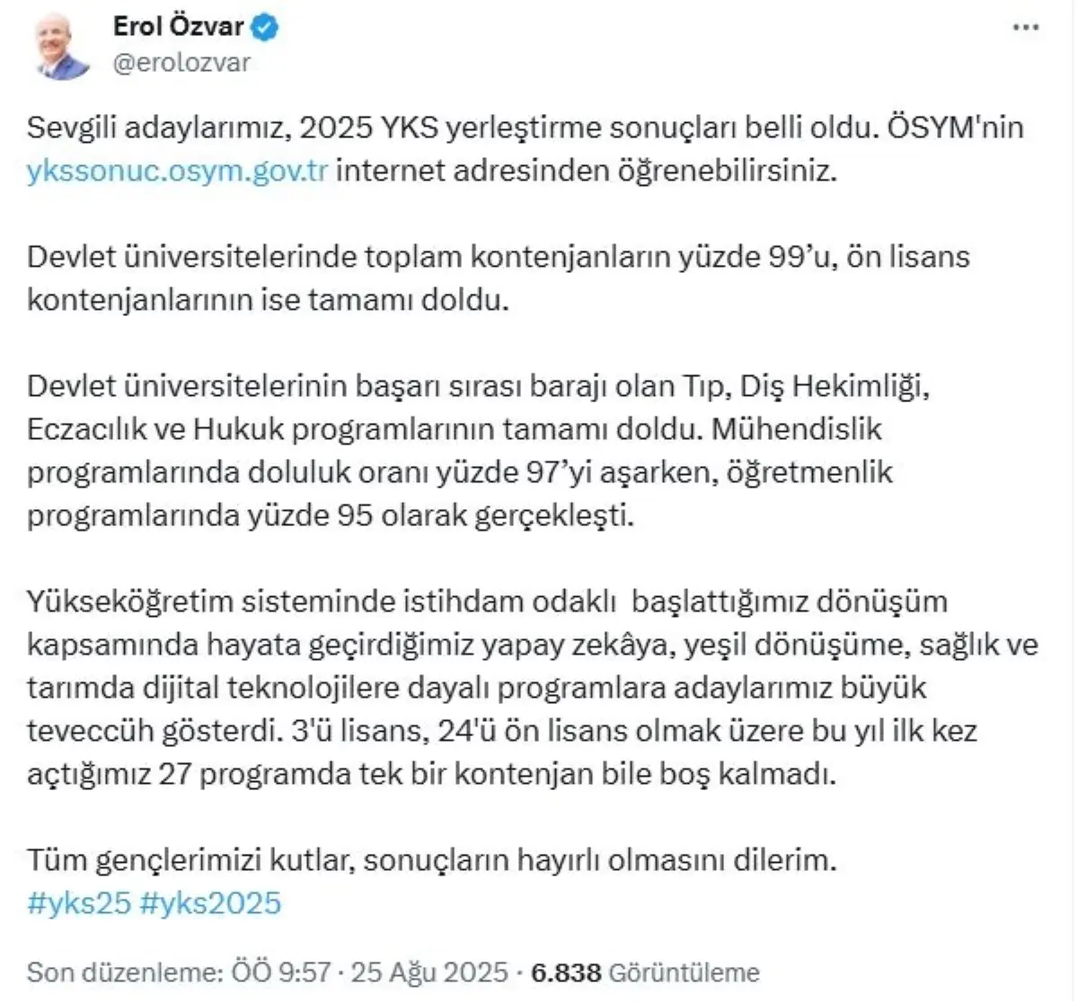 2025-YKS Kontenjanları Hızla Dolduruldu
