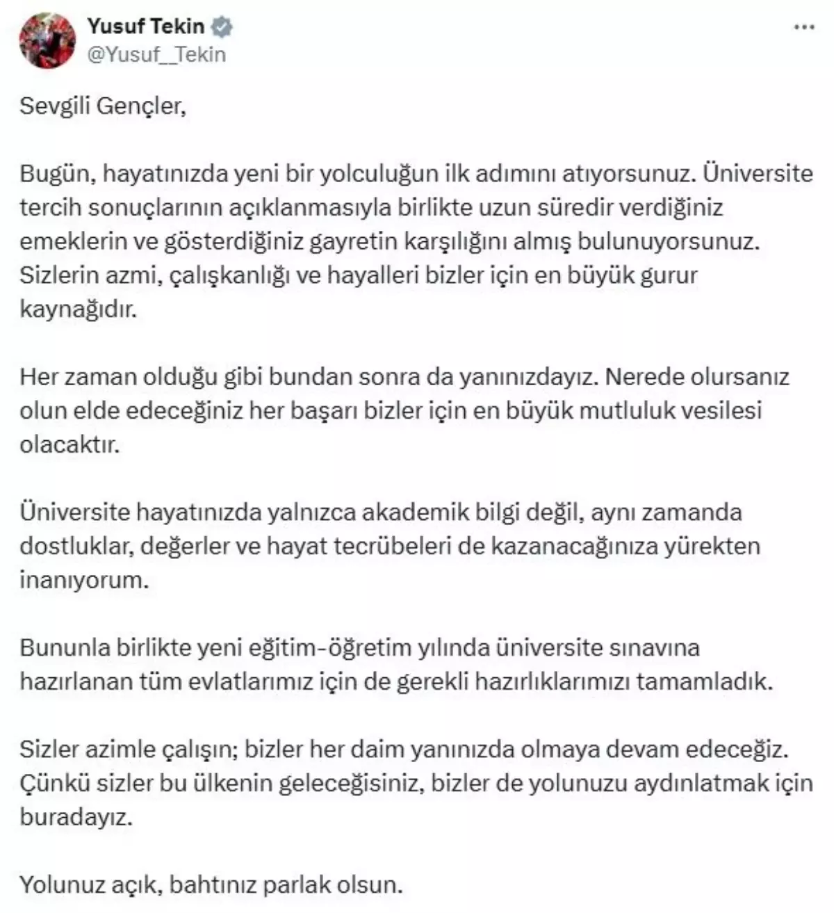 Bakan Tekin&apos;den YKS Sonuçları Üzerine Başarı Dilekleri