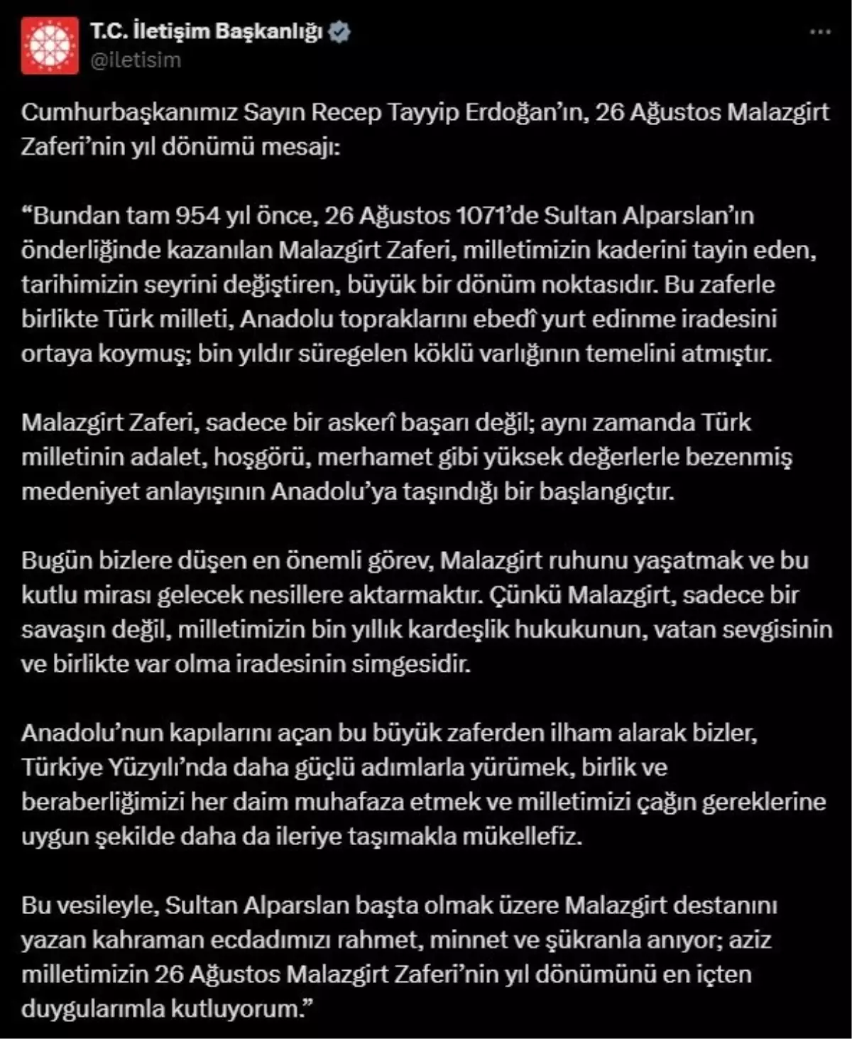 Cumhurbaşkanı Erdoğan: Malazgirt Zaferi, Türk milletinin medeniyet anlayışının Anadolu'ya taşındığı bir başlangıçtır