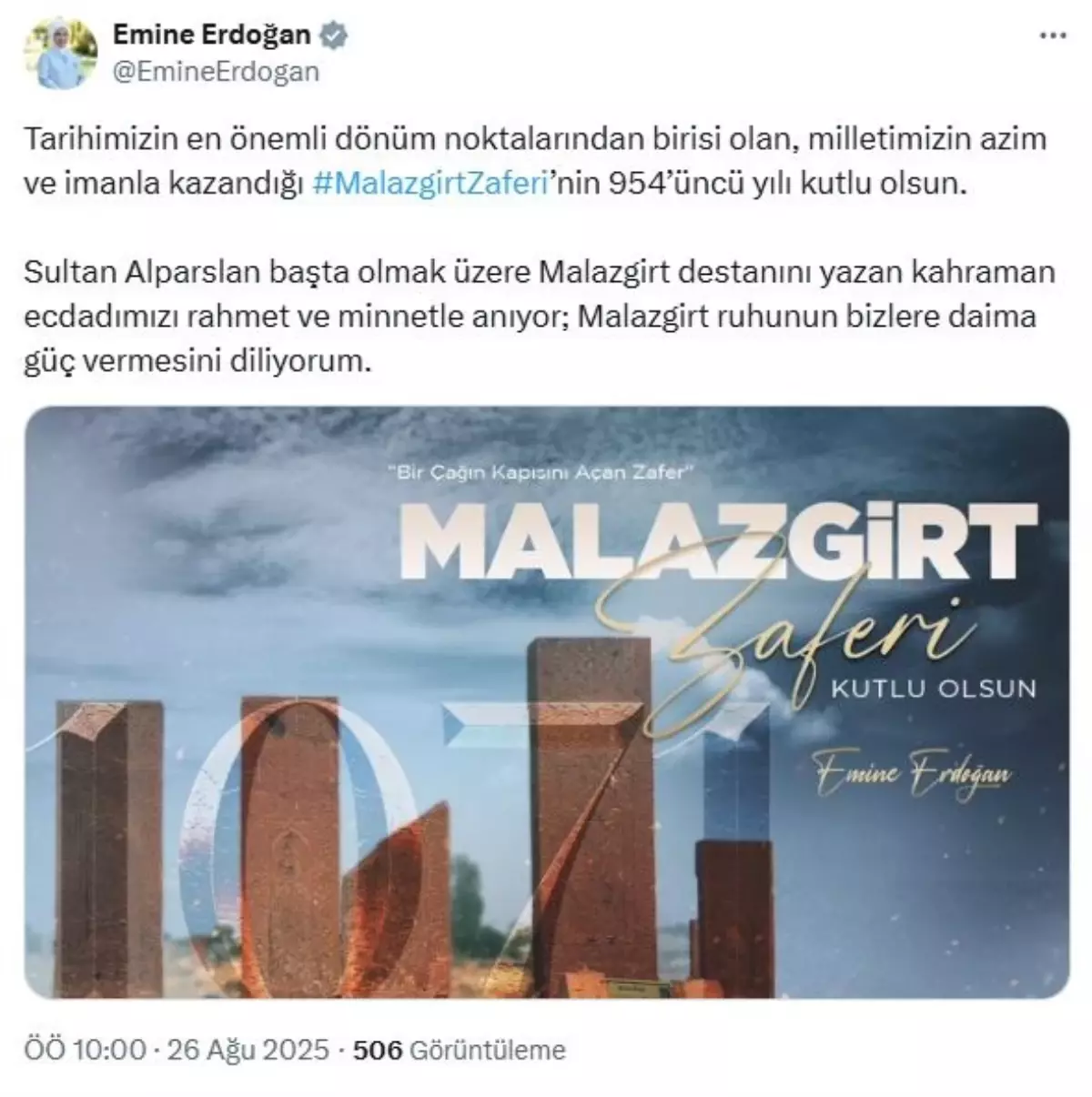 Emine Erdoğan Malazgirt Zaferi'ni Kutladı